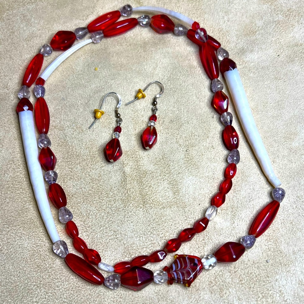 Red bead and white necklace